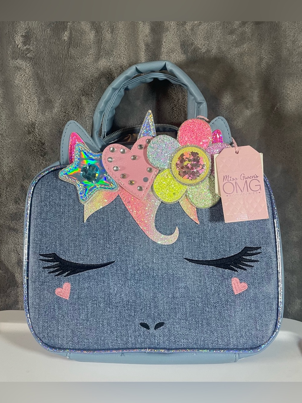 Kids Blue Denim Unicorn Lunch Tote with Glitter Appliqués